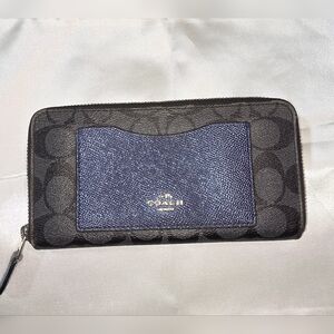 Coach Accordion Zip Wallet in signature canvas with a contrasting metallic blue
